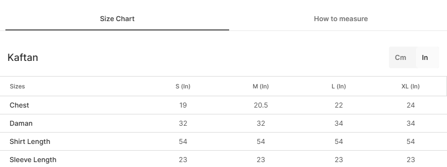 Size chart for Mehshar