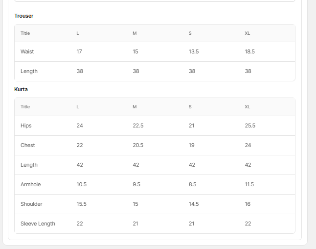 Size chart for Mehshif