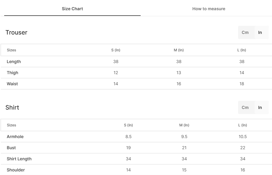 Size chart for Mehwar