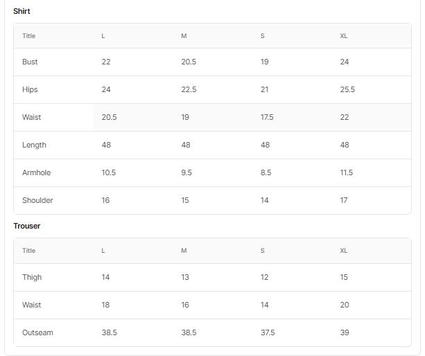 Size chart for Melaan