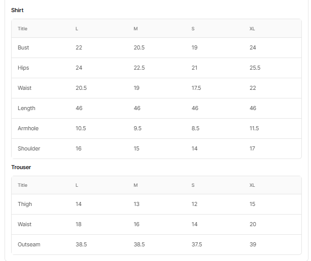 Size chart for Minsa