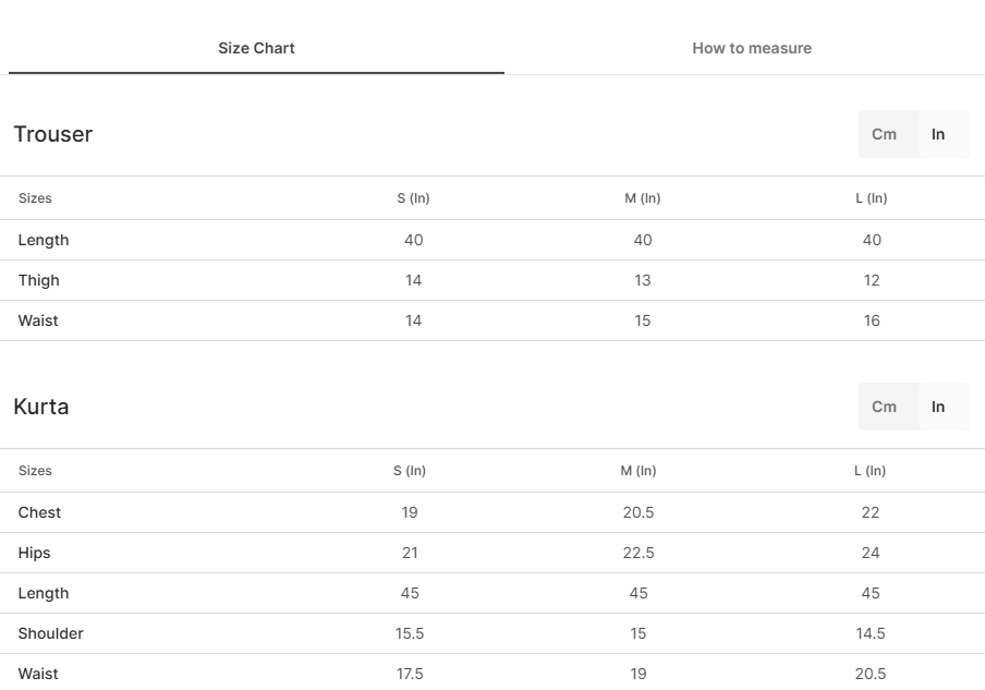 Size chart for Mithi