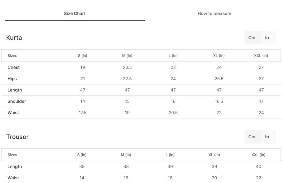 Size chart for Moonflower