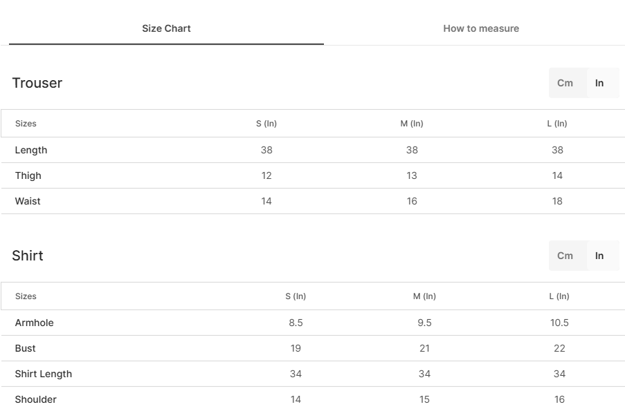 Size chart for Muntaha