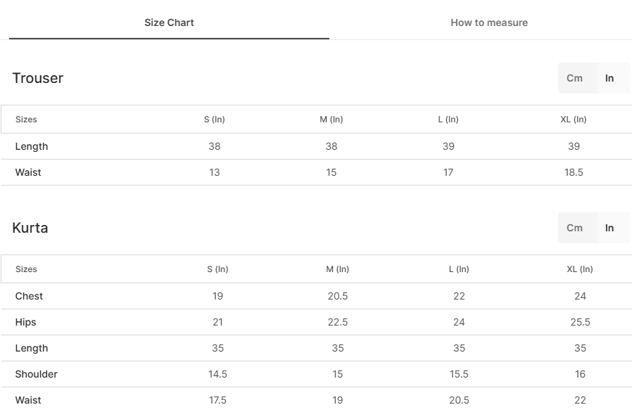 Size chart for Musaffa