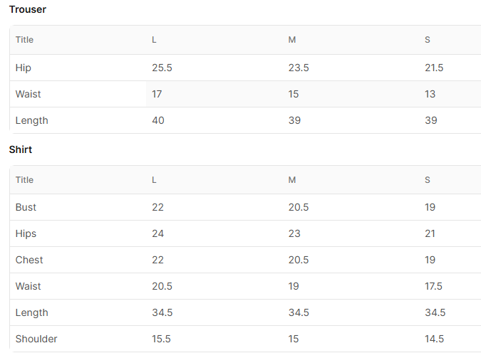 Size chart for Nakhleestan Beige