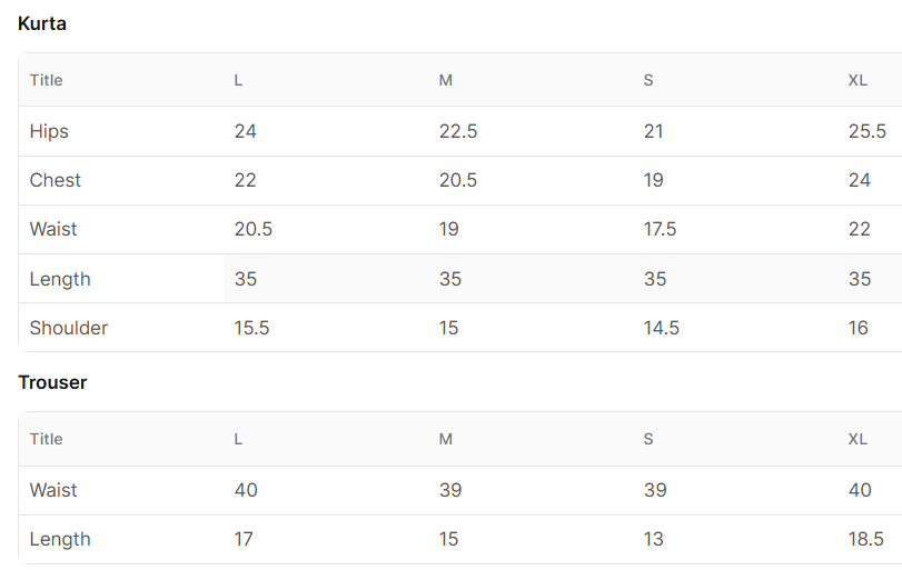 Size chart for Nakhshab
