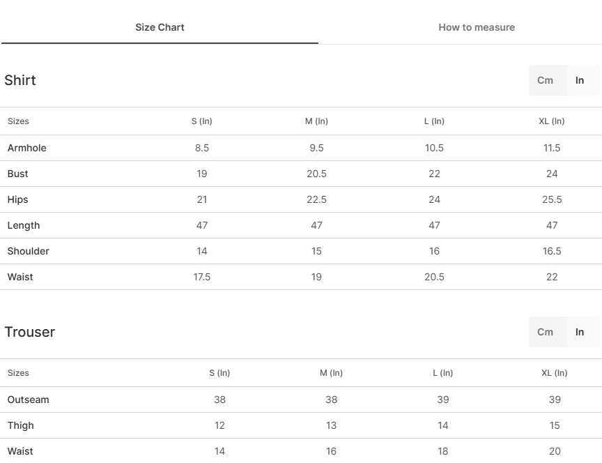 Size chart for Namar - Maroon