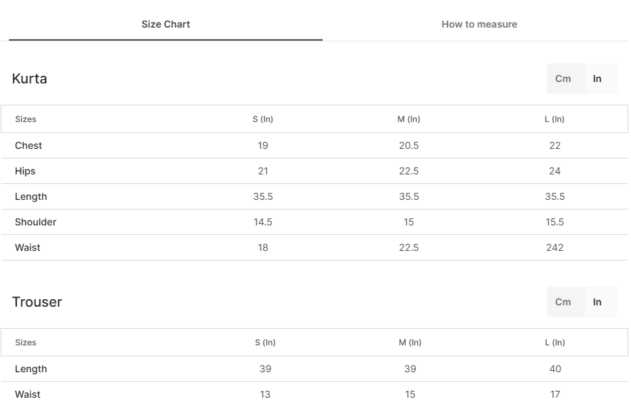 Size chart for Naqshina