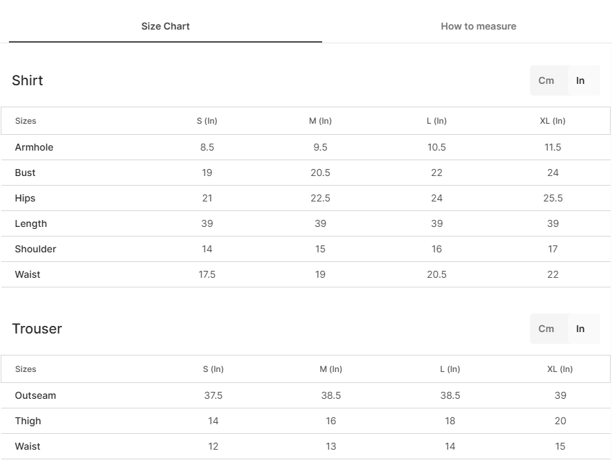 Size chart for Narmeen - Black