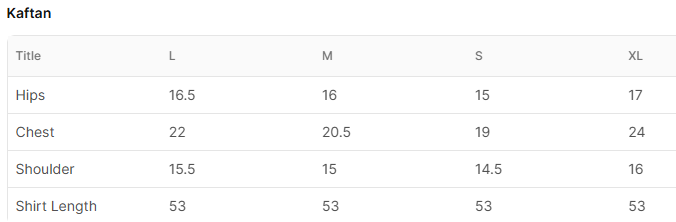 Size chart for Nasheen Pink