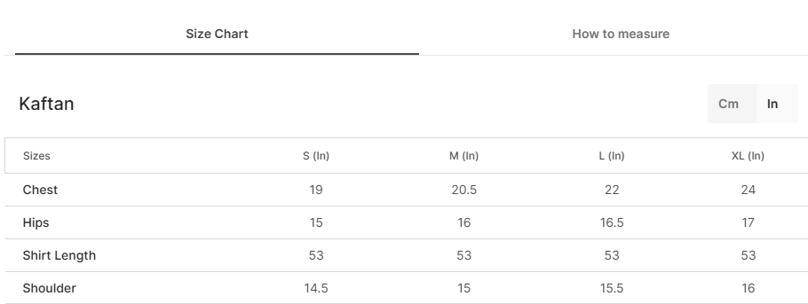 Size chart for Nasheen Green