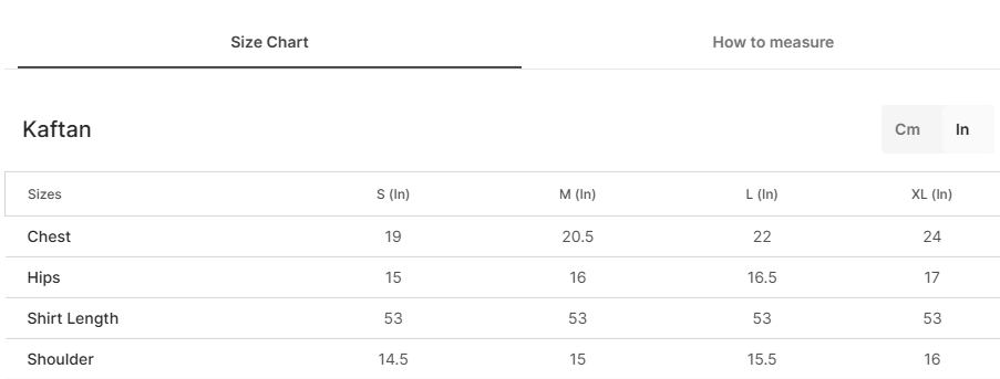 Size chart for Nasheen Zinc