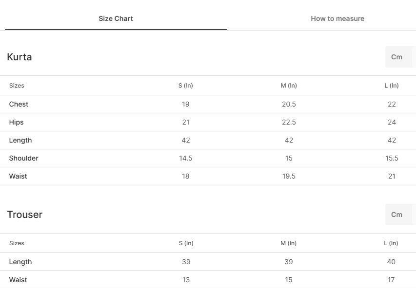 Size chart for Nashmil Black