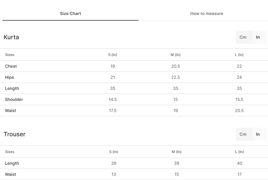 Size chart for Birsa