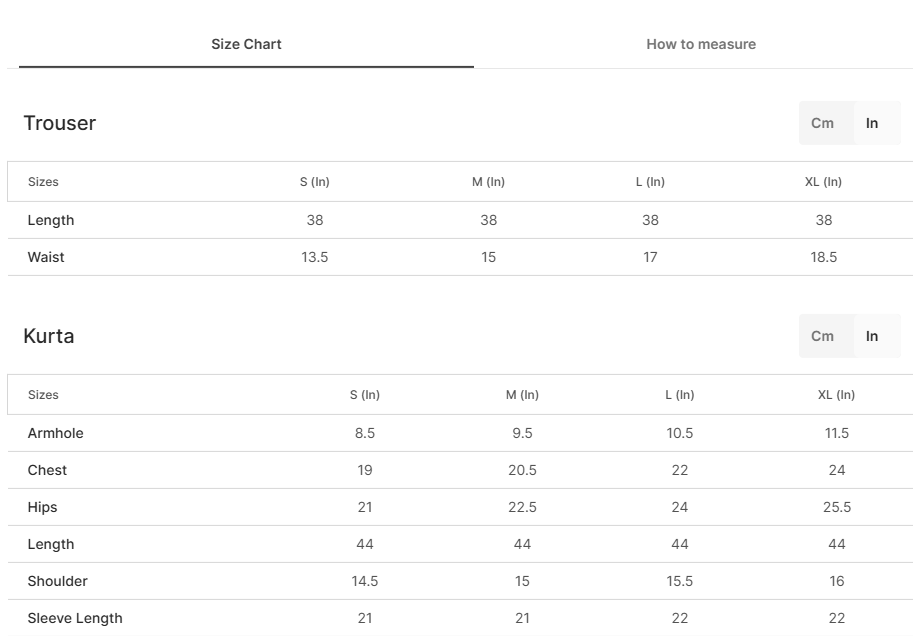 Size chart for Nawshaba
