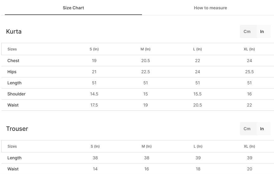 Size chart for Nayal