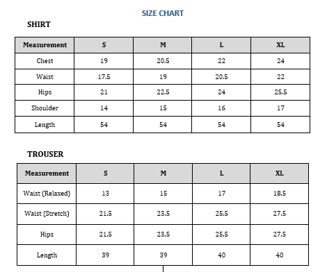 Size chart for Nayal