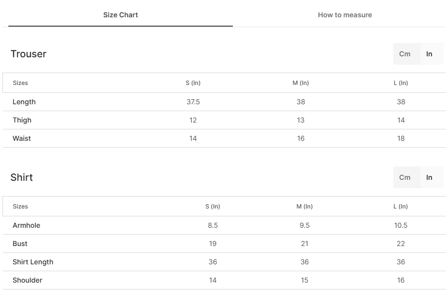 Size chart for Nayriza