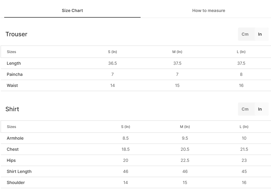 Size chart for Nebula Black