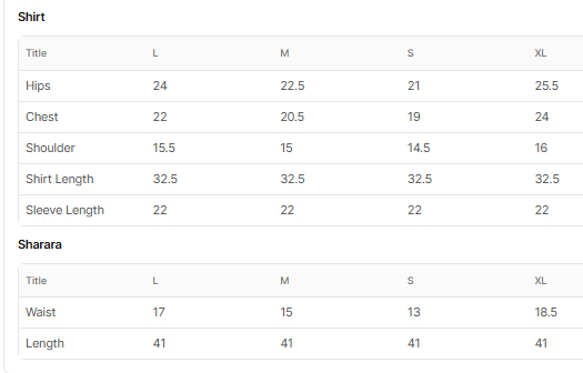 Size chart for Neelab