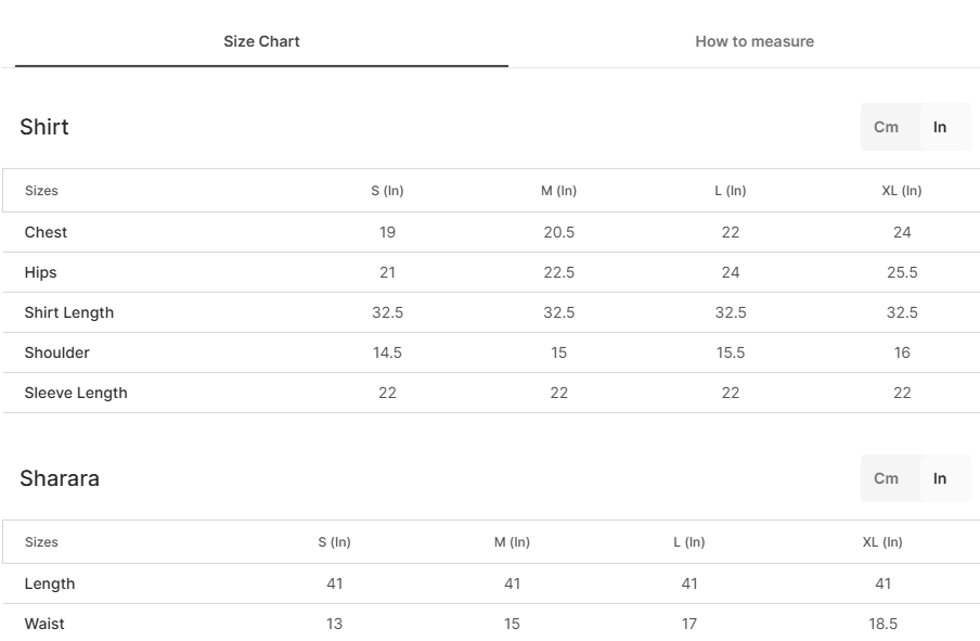 Size chart for Neelab