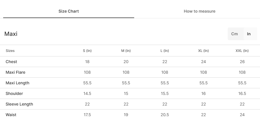 Size chart for Neelofshan