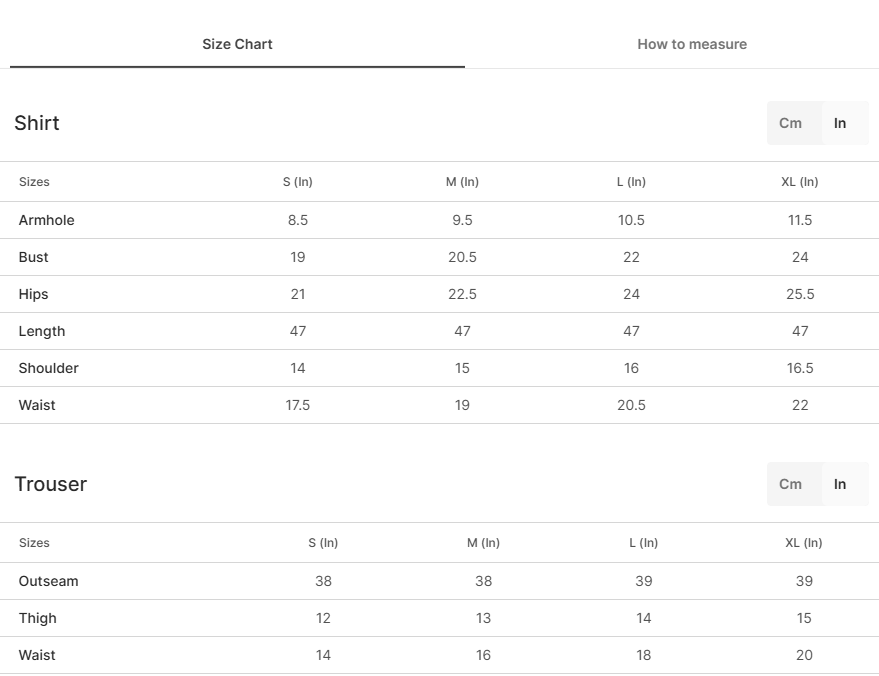 Size chart for Nevara