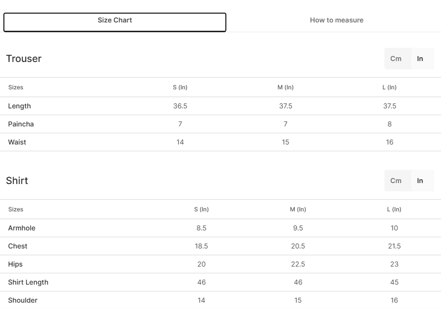 Size chart for Nicolas Black