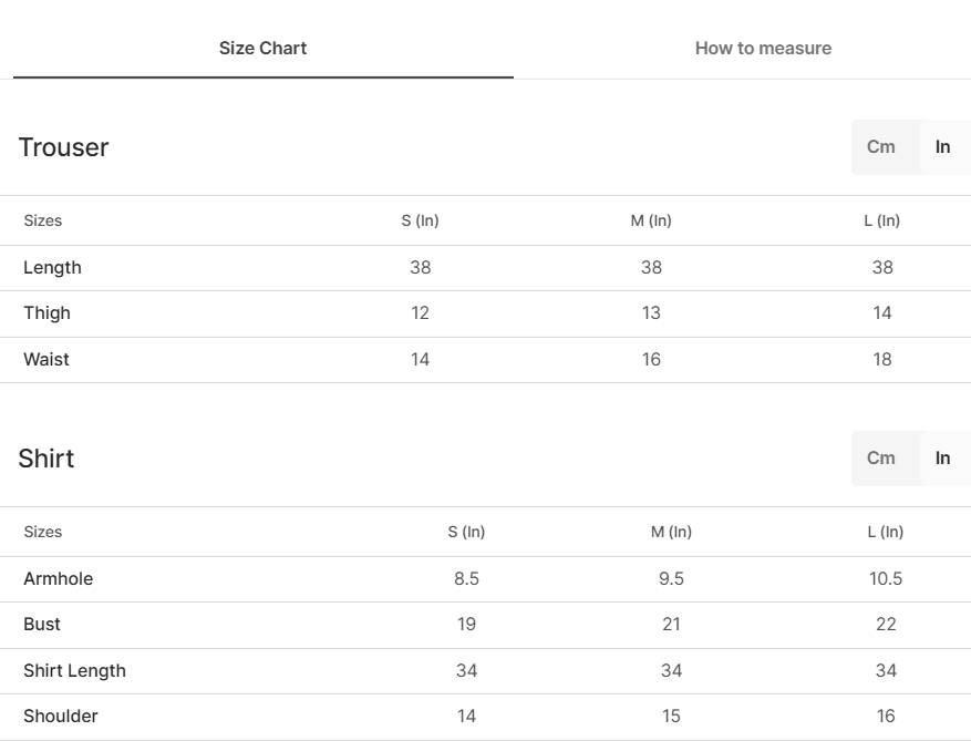 Size chart for Nishat - Black