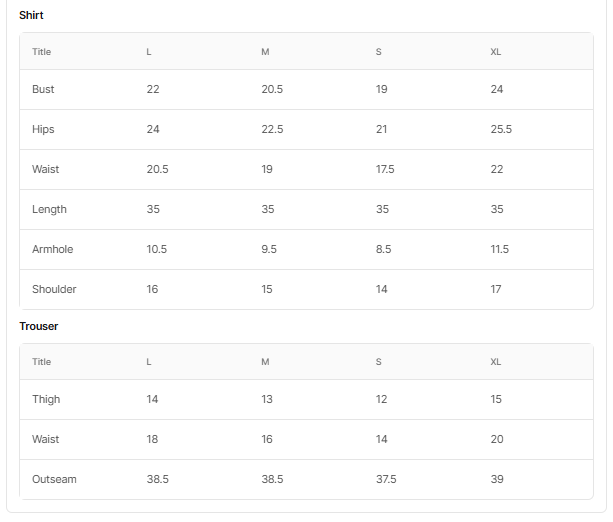 Size chart for Noor Pearl