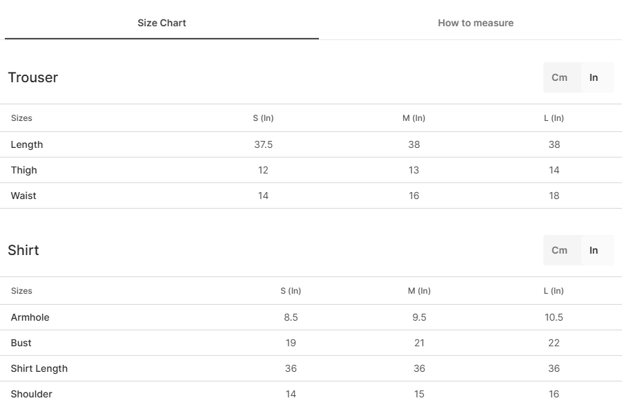 Size chart for Noorbano