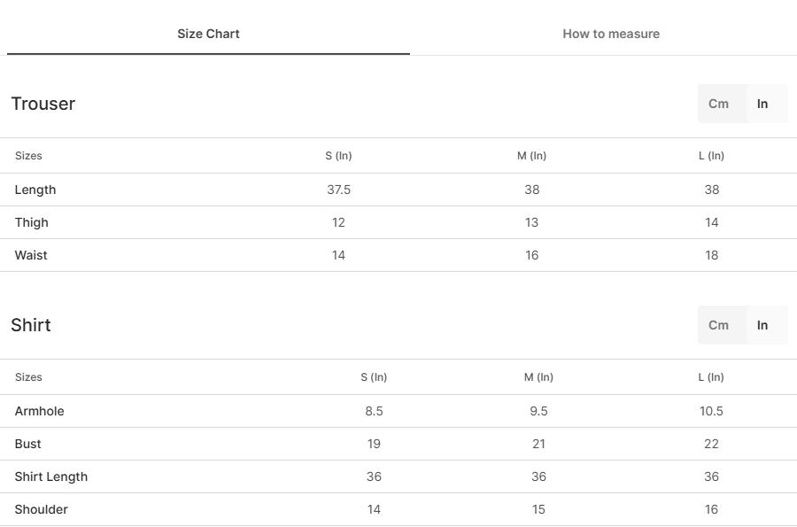 Size chart for Nouria