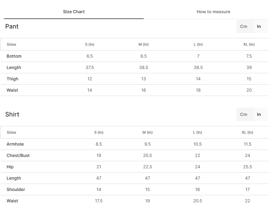 Size chart for Nova (Zinc)