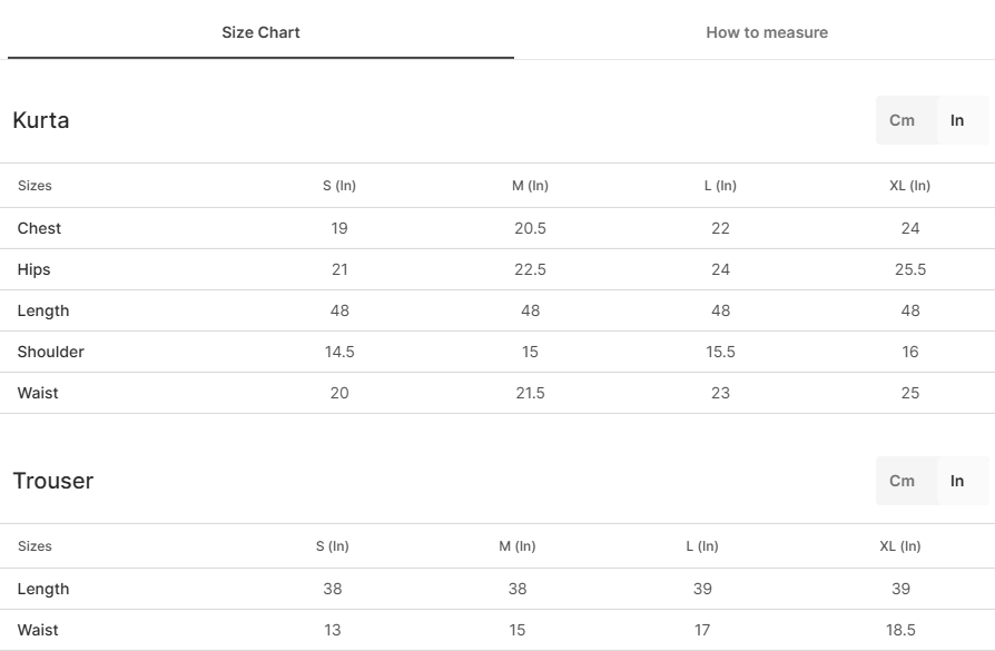 Size chart for Numairaa