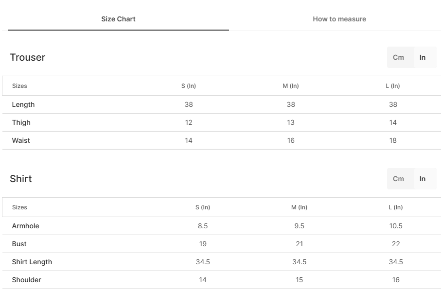 Size chart for Ombre