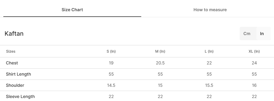 Size chart for Paarizaad Black