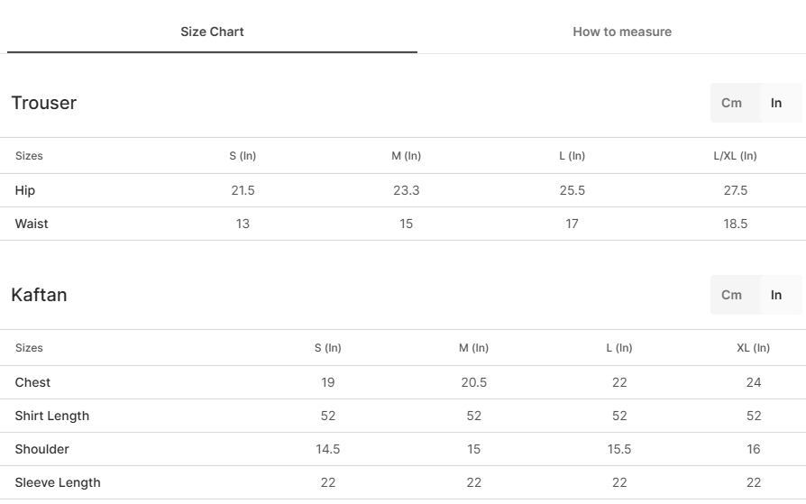Size chart for Pahnaavar