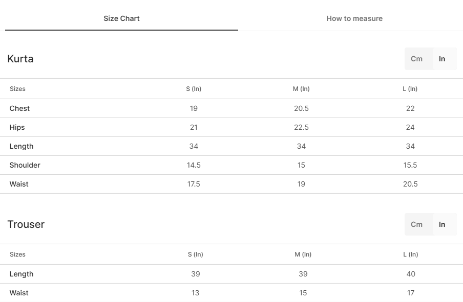 Size chart for Paizan