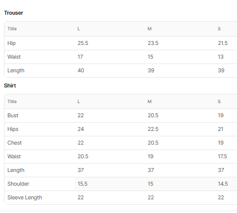 Size chart for Pakeezah