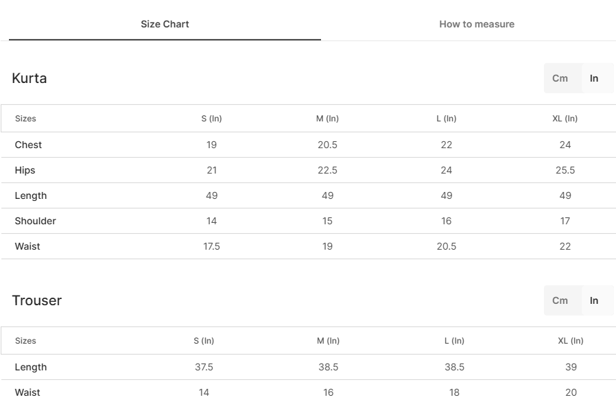Size chart for Parasol