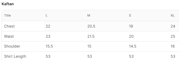 Size chart for Parchayi