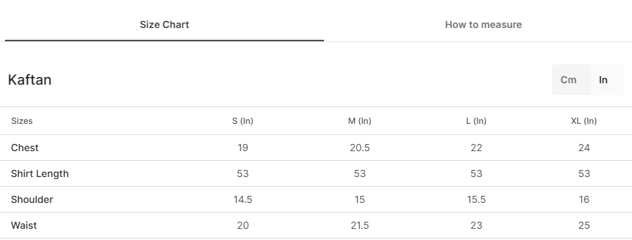 Size chart for Parchayi