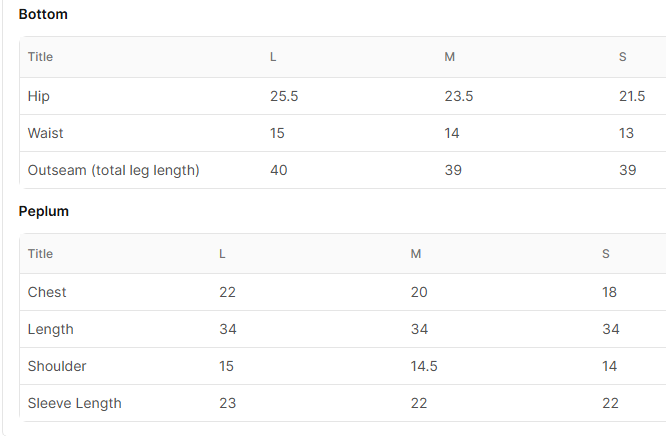 Size chart for Parsa