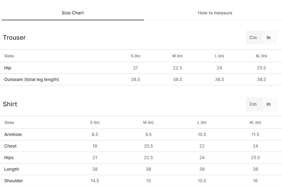 Size chart for Parwaaz