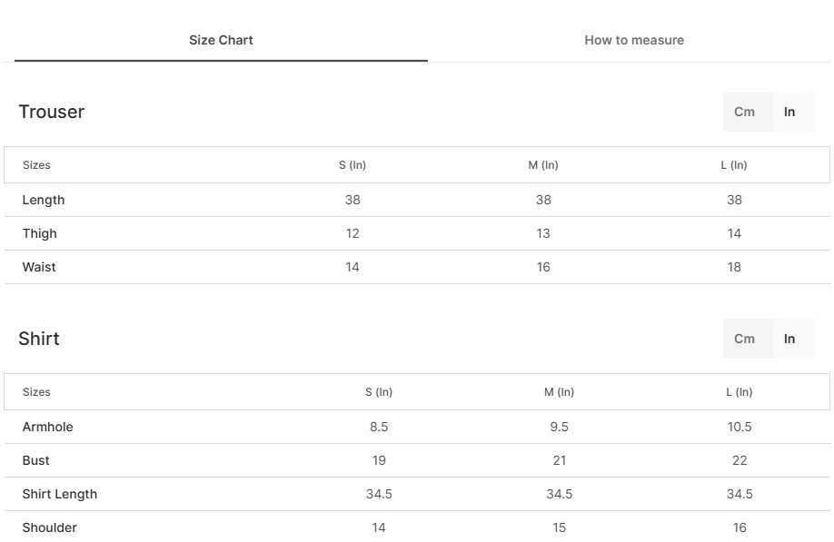 Size chart for Pastel