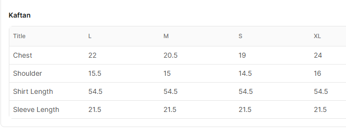 Size chart for Patricia Grey