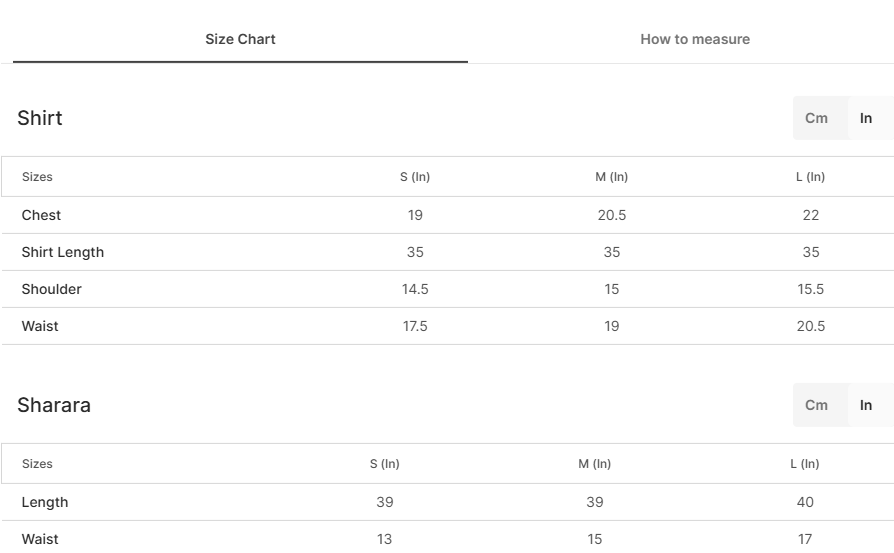 Size chart for Pehlaj Blue