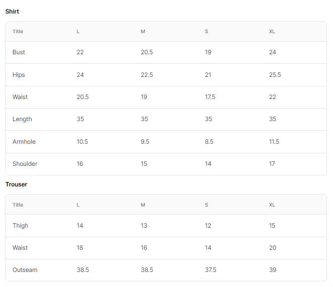 Size chart for Plum Lailac