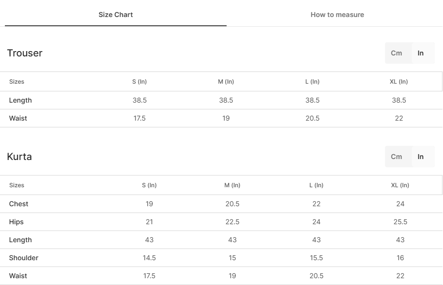 Size chart for Pure